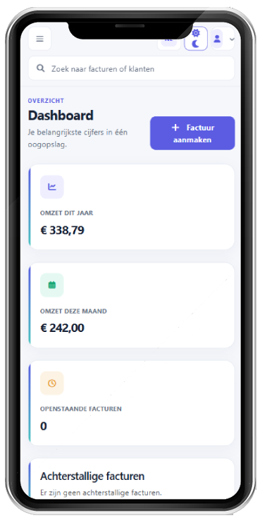 Het dashboard van Searche Facturatie op een mobiele telefoon